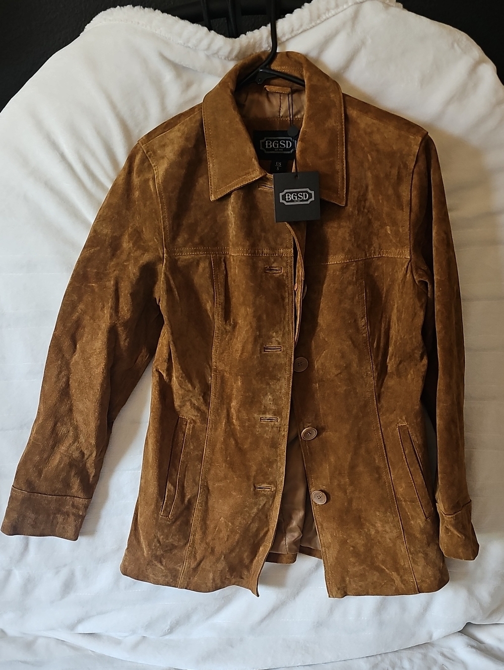 BGSD Women Anna Suede Leather Car Coat, Size S, Caramel
